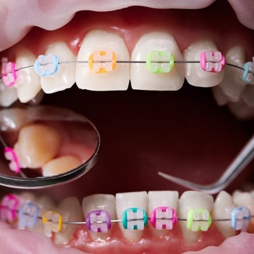 Macro snapshot of open mouth, teeth, ceramic braces with colorful rubber bands on them, latex cheek retractor on lips. Dentist checking teeth with mirror and dental explorer. Concept of orthodontics